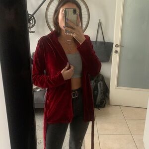 Velour red robe small sexy bath long sleeve tie waist collared